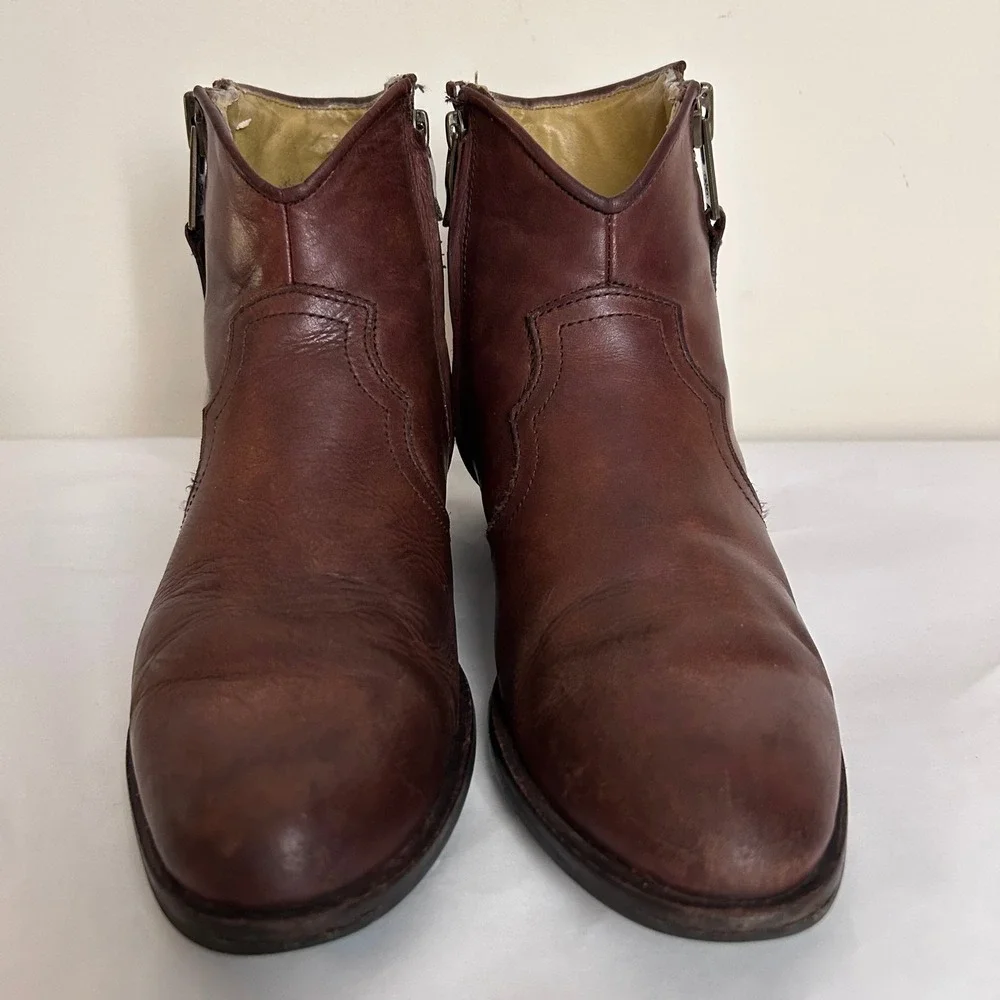 BUSSOLA Brown Leather Ankle Boots Western‎ Style Side Zip Block Heel 38